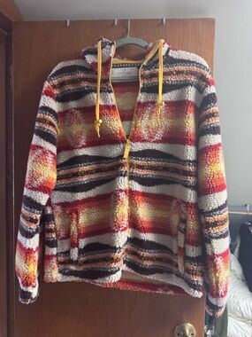 Empyre Multicolor Striped Sherpa Hoodie with Yellow Drawstring